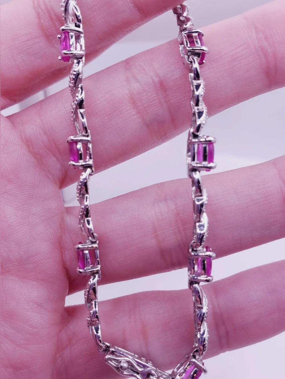 4 Carat Pink Sapphire & Diamond Accent Twist Tennis Bracelet - 925 Silver